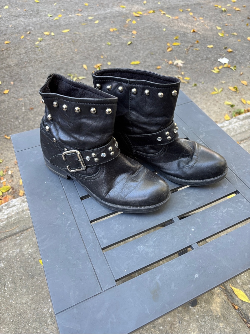 Women's Black Studded Leather Ankle Booties with Buckle